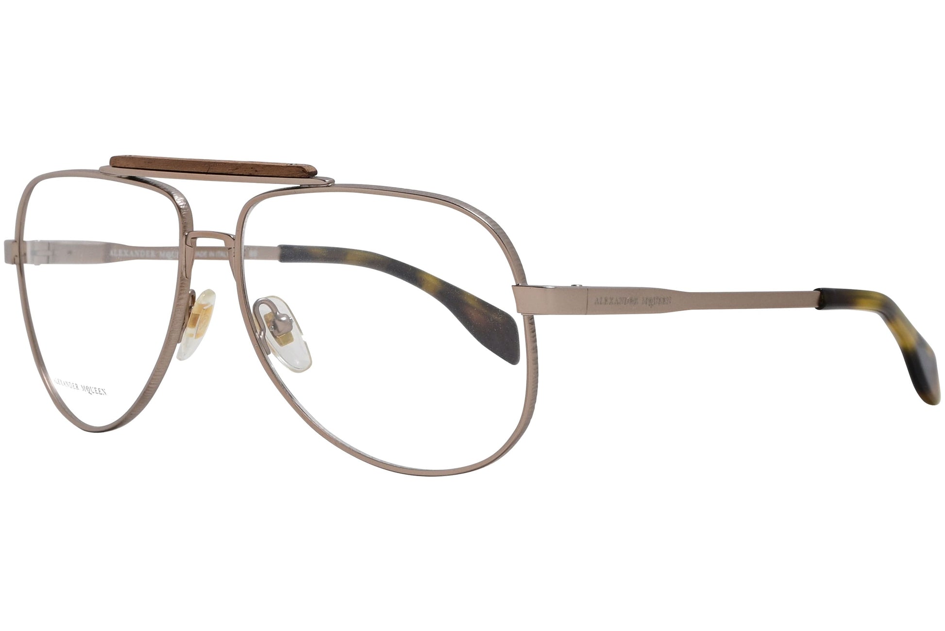 alexander-mcqueen aviator brown eyeglasses frame viewed from a 45-degree angle.