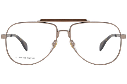 alexander-mcqueen aviator brown eyeglasses frame viewed from front angle.