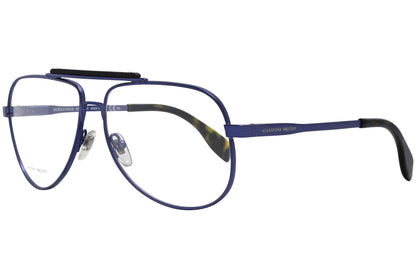 alexander-mcqueen aviator blue eyeglasses frame viewed from a 45-degree angle.