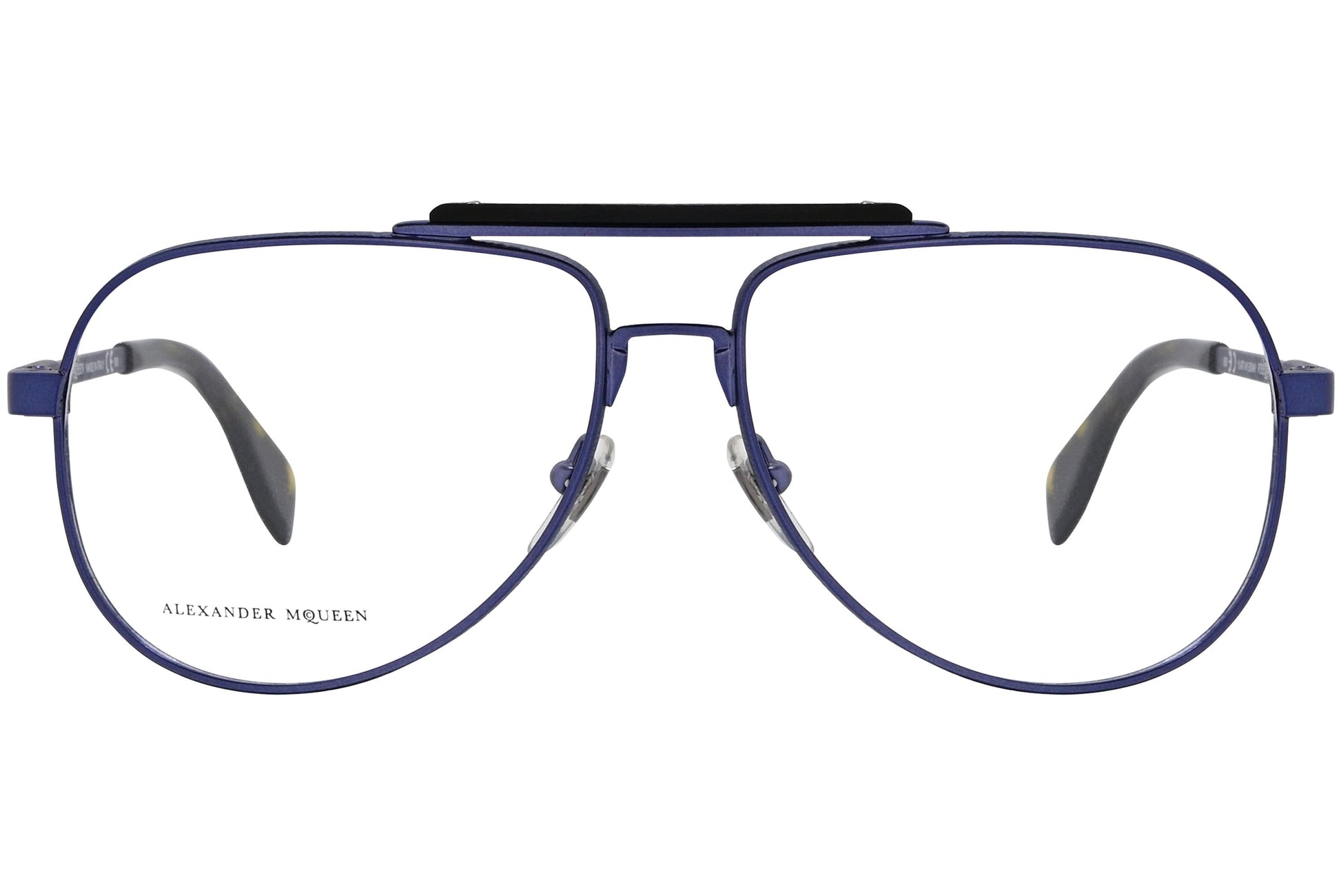 alexander-mcqueen aviator blue eyeglasses frame viewed from front angle.