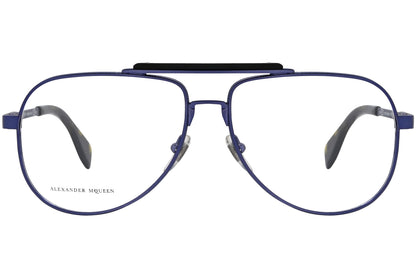 alexander-mcqueen aviator blue eyeglasses frame viewed from front angle.