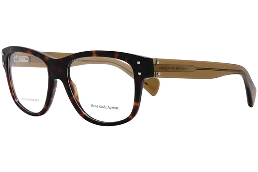 alexander-mcqueen wayfarer brown eyeglasses frame viewed from a 45-degree angle.