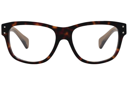 alexander-mcqueen wayfarer brown eyeglasses frame viewed from front angle.