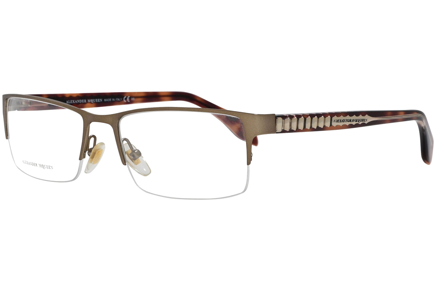 alexander-mcqueen rectangle tortoise eyeglasses frame viewed from a 45-degree angle.