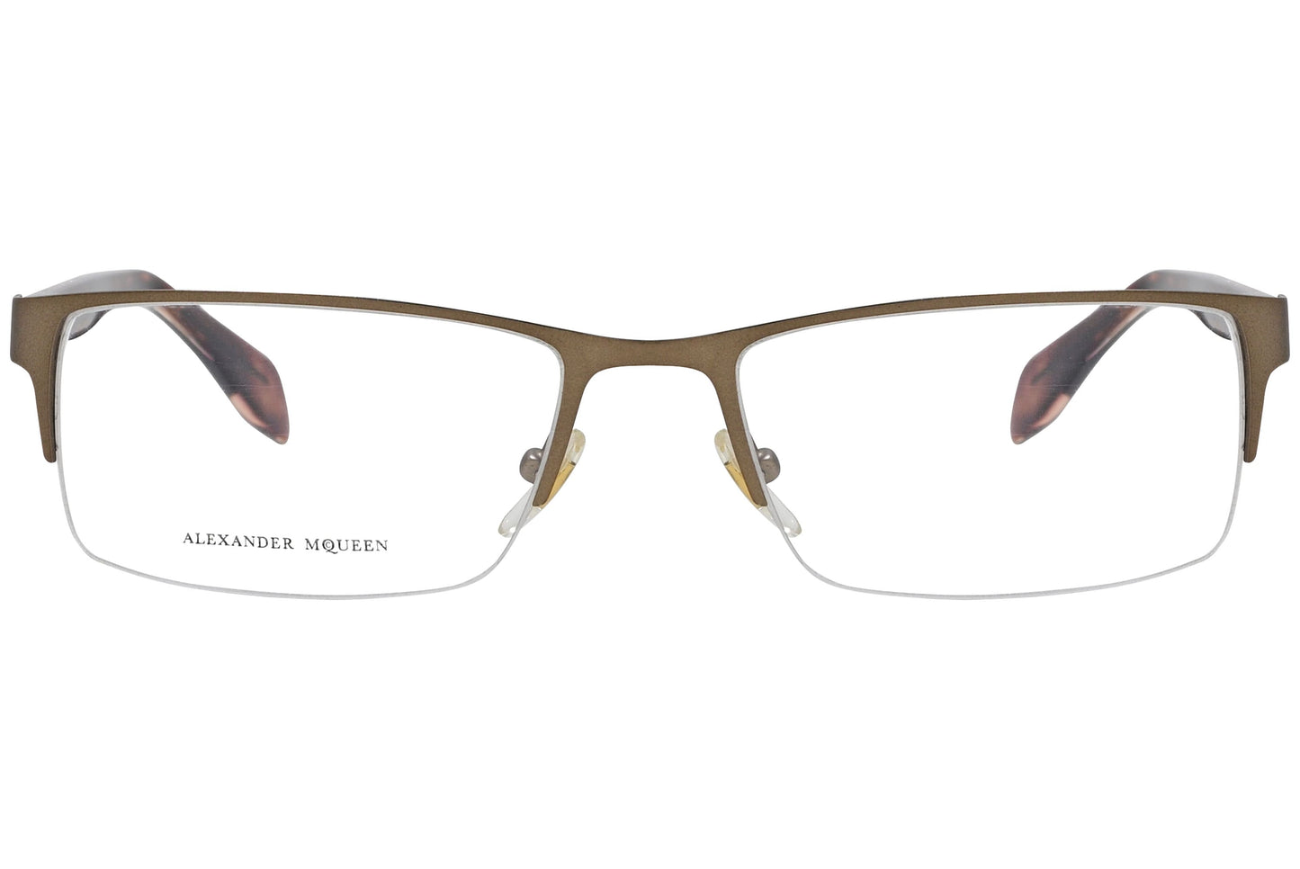 alexander-mcqueen rectangle tortoise eyeglasses frame viewed from front angle.