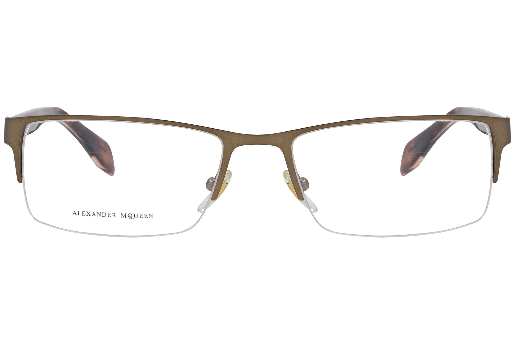 alexander-mcqueen rectangle tortoise eyeglasses frame viewed from front angle.