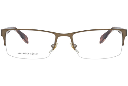 alexander-mcqueen rectangle tortoise eyeglasses frame viewed from front angle.