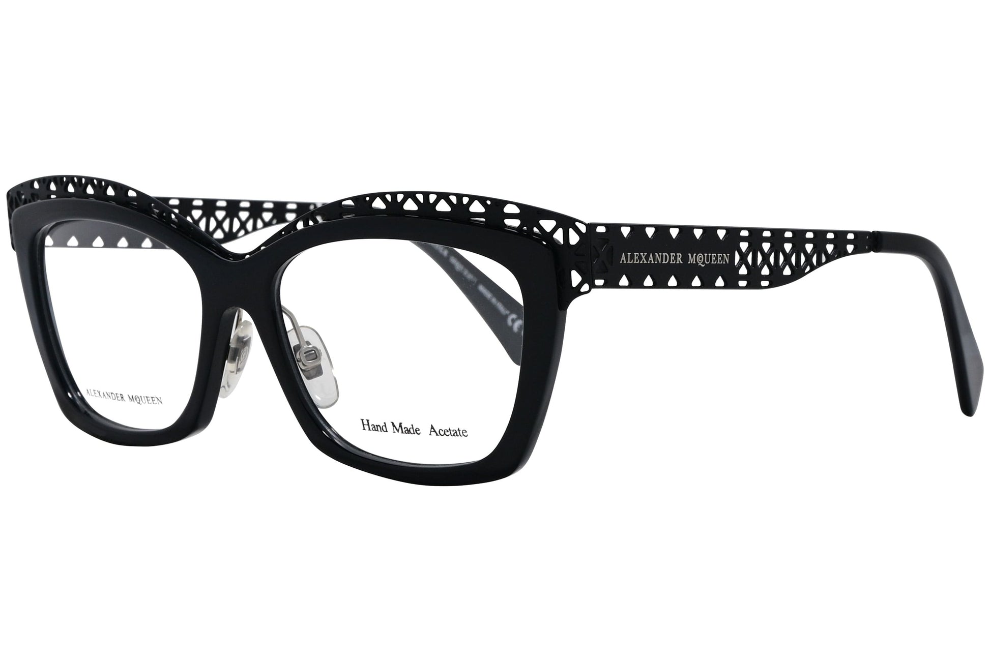 alexander-mcqueen browline black eyeglasses frame viewed from a 45-degree angle.