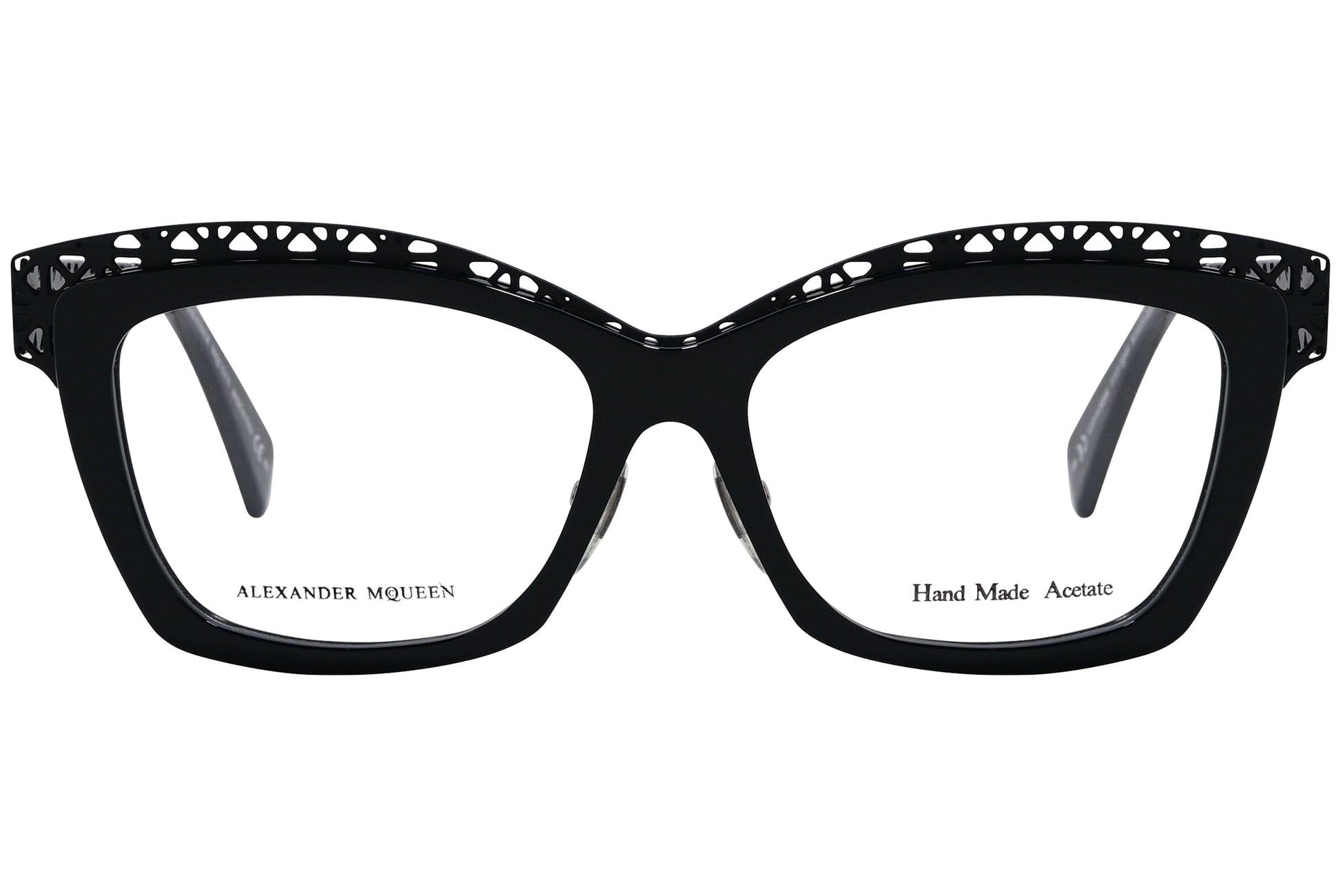 alexander-mcqueen browline black eyeglasses frame viewed from front angle.