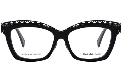 alexander-mcqueen browline black eyeglasses frame viewed from front angle.