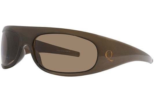 alexander-mcqueen wrap around brown eyeglasses frame viewed from a 45-degree angle.