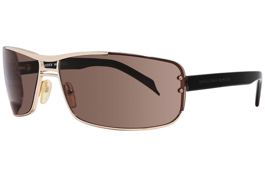 alexander-mcqueen wrap around brown with black eyeglasses frame viewed from a 45-degree angle.