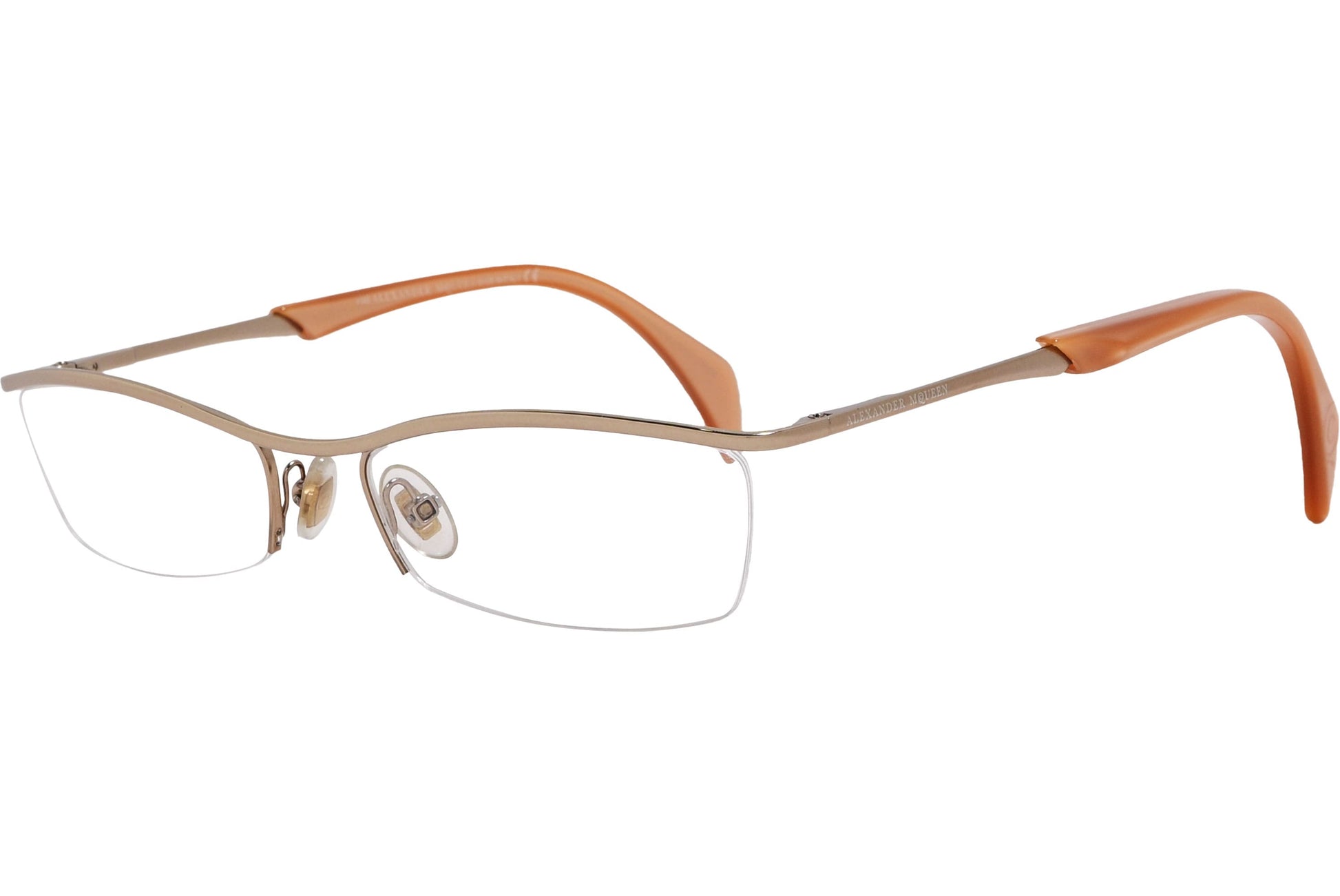 alexander-mcqueen rectangle gold eyeglasses frame viewed from a 45-degree angle.