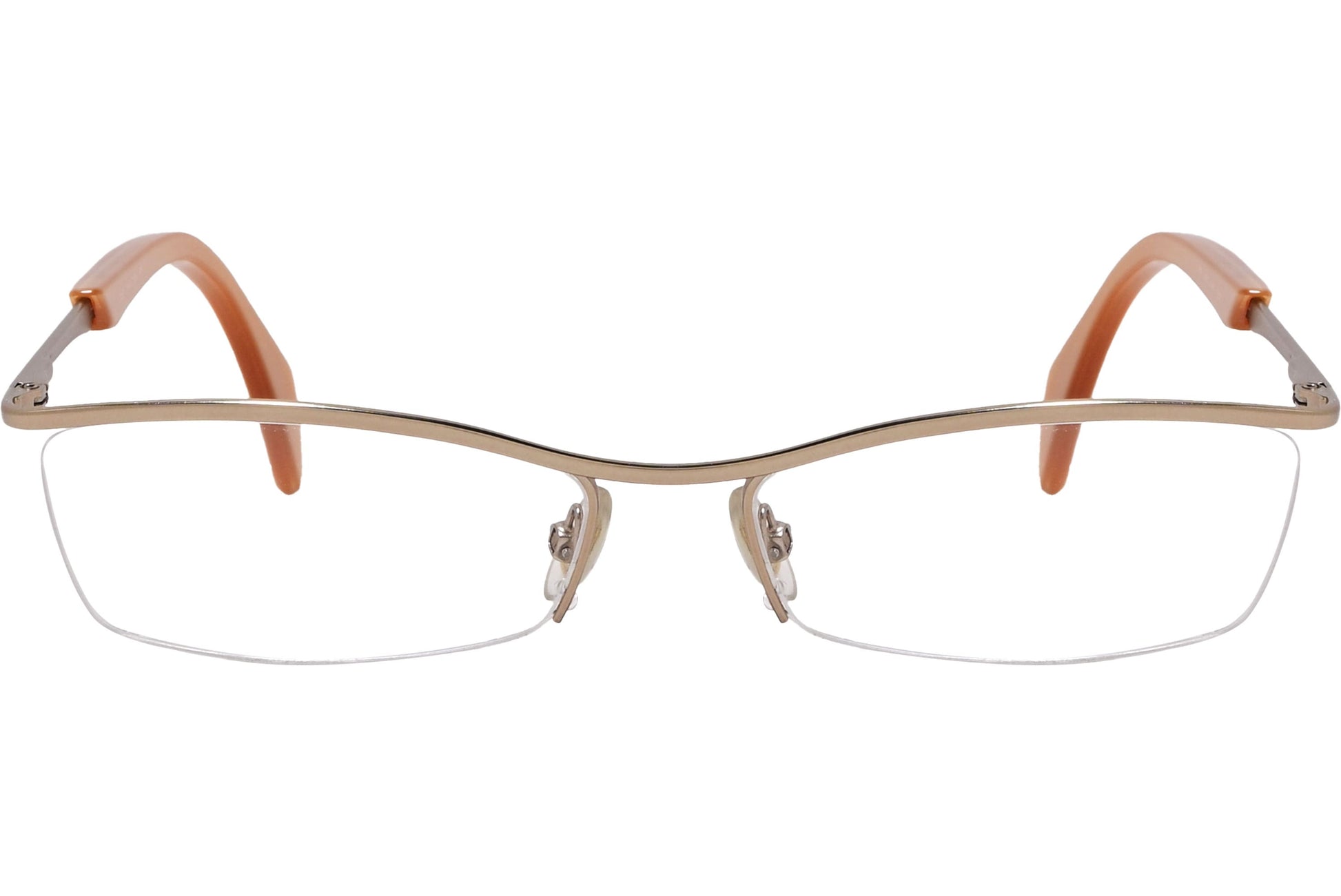 alexander-mcqueen rectangle gold eyeglasses frame viewed from front angle.