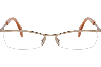 alexander-mcqueen rectangle gold eyeglasses frame viewed from front angle.