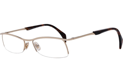 alexander-mcqueen rectangle gold eyeglasses frame viewed from a 45-degree angle.