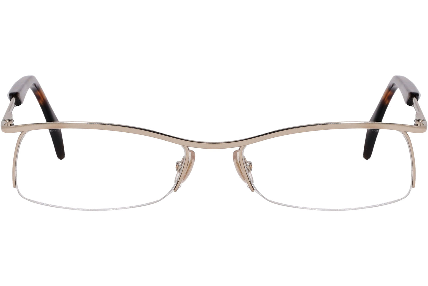 alexander-mcqueen rectangle gold eyeglasses frame viewed from front angle.