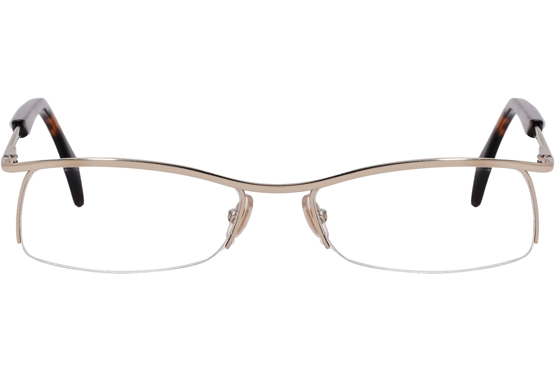 alexander-mcqueen rectangle gold eyeglasses frame viewed from front angle.