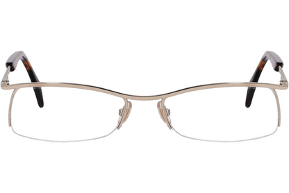 alexander-mcqueen rectangle gold eyeglasses frame viewed from front angle.