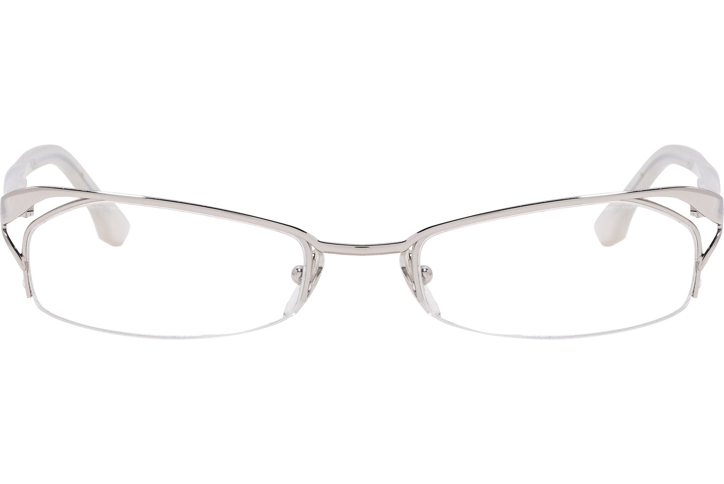 alexander-mcqueen rectangle white eyeglasses frame viewed from front angle.