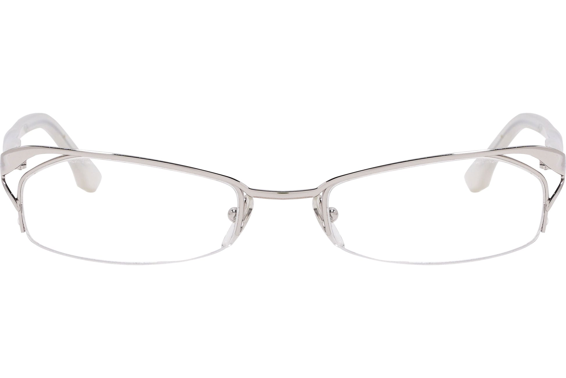 alexander-mcqueen rectangle white eyeglasses frame viewed from front angle.