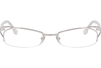 alexander-mcqueen rectangle white eyeglasses frame viewed from front angle.