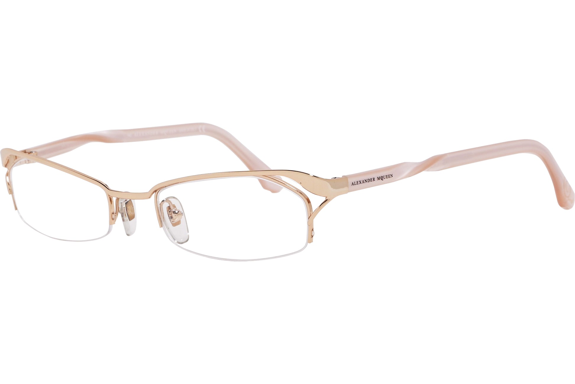 A pair of gold rectangle eyeglasses with a metallic frame.
