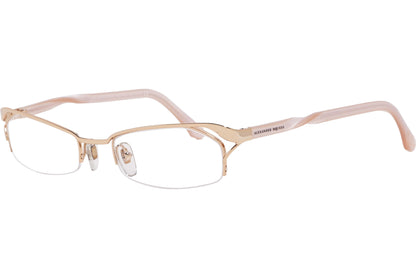 A pair of gold rectangle eyeglasses with a metallic frame.
