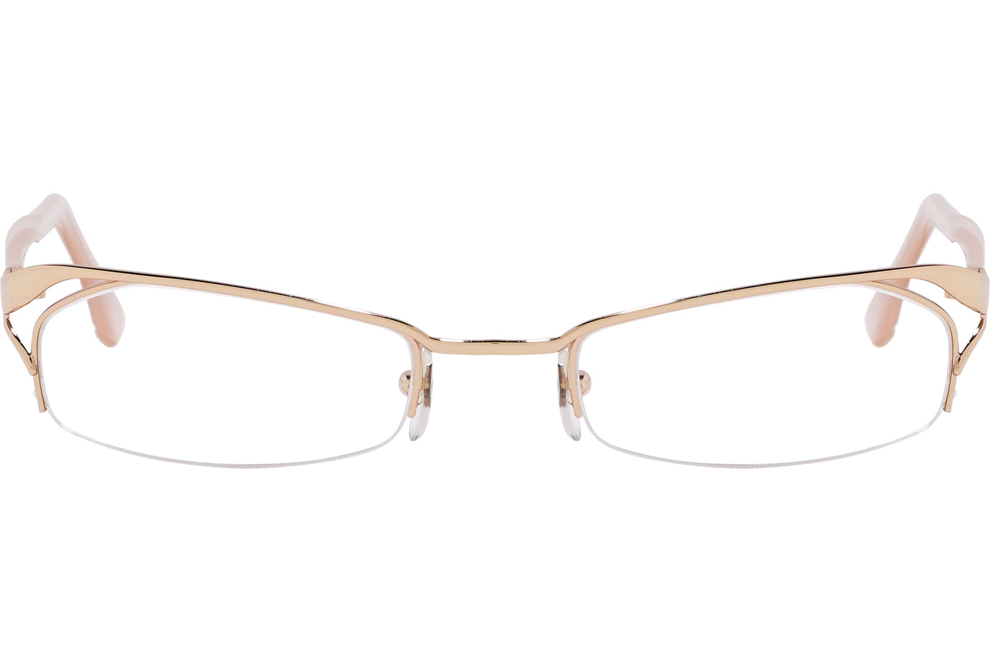 alexander-mcqueen rectangle gold eyeglasses frame viewed from front angle.