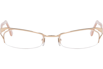 alexander-mcqueen rectangle gold eyeglasses frame viewed from front angle.