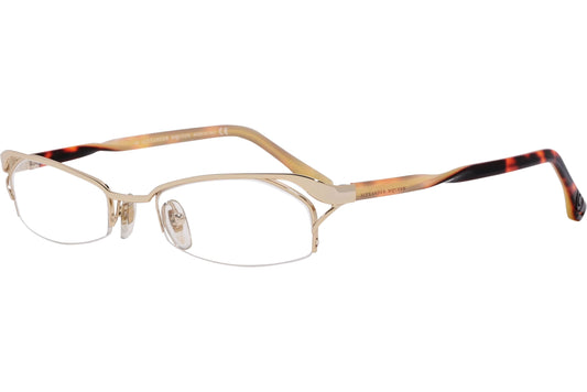 alexander-mcqueen rectangle gold eyeglasses frame viewed from a 45-degree angle.