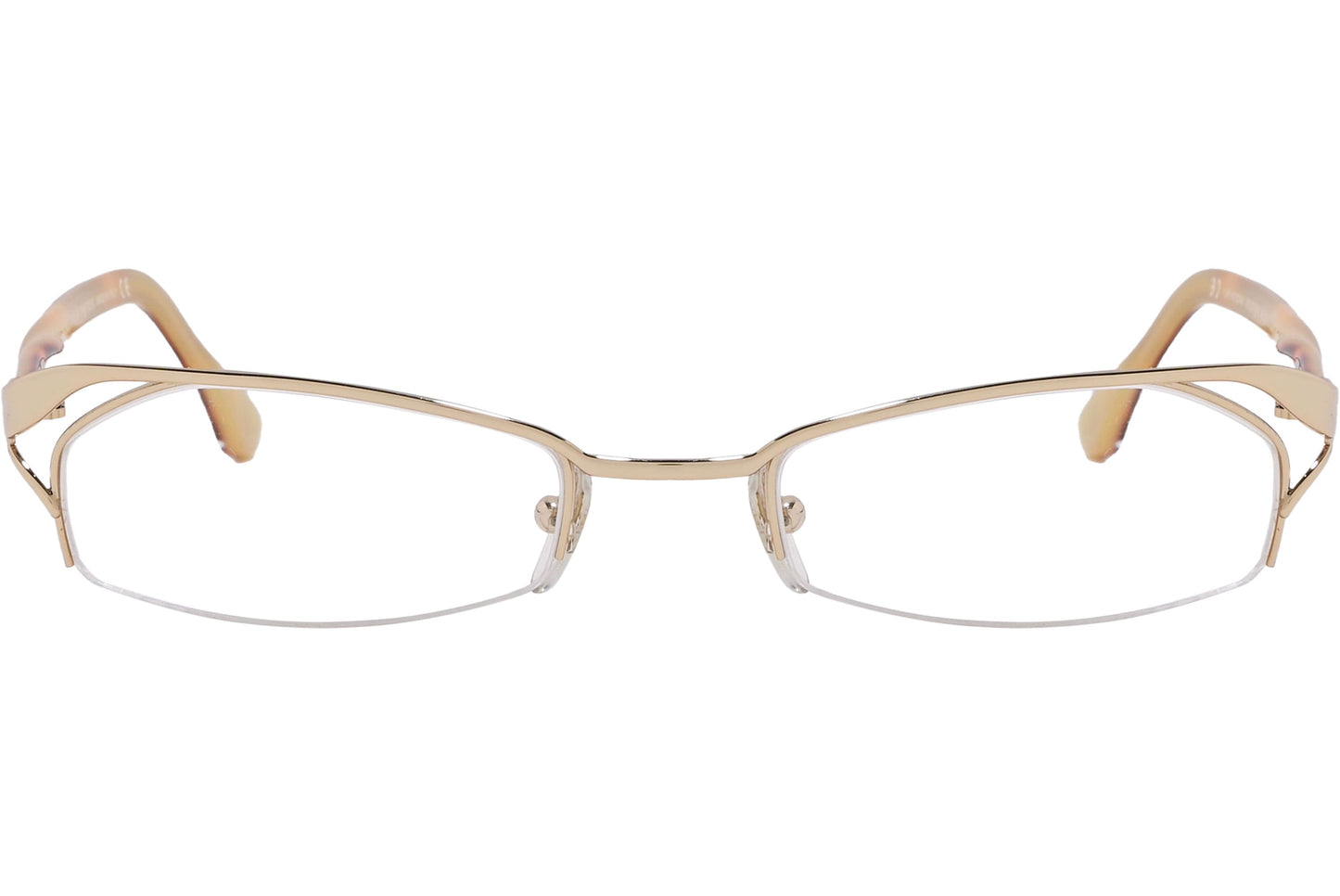 alexander-mcqueen rectangle gold eyeglasses frame viewed from front angle.