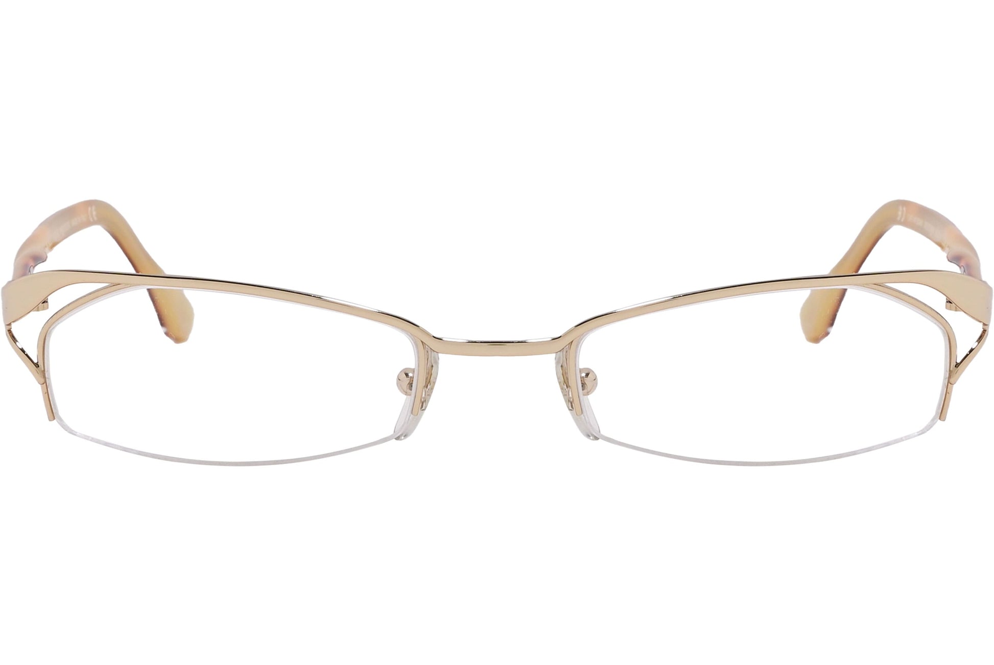 alexander-mcqueen rectangle gold eyeglasses frame viewed from front angle.