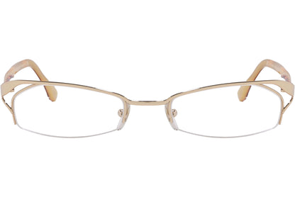 alexander-mcqueen rectangle gold eyeglasses frame viewed from front angle.