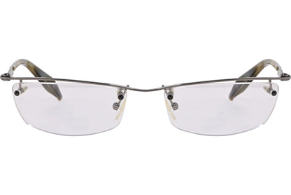 alexander-mcqueen rectangle bronze eyeglasses frame viewed from front angle.