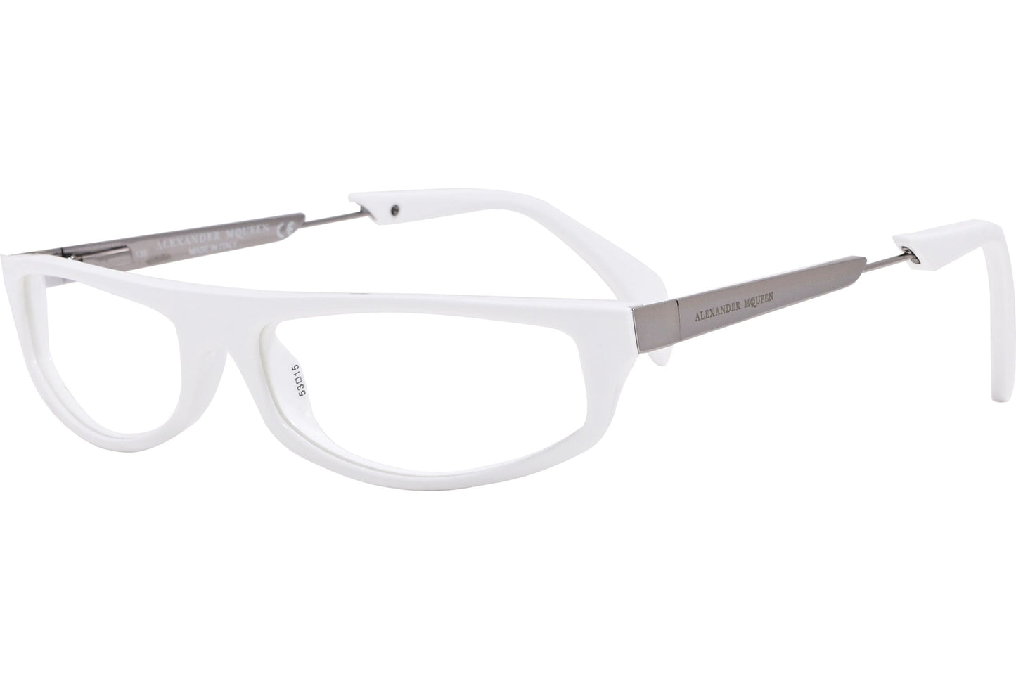 alexander-mcqueen geometric white eyeglasses frame viewed from a 45-degree angle.