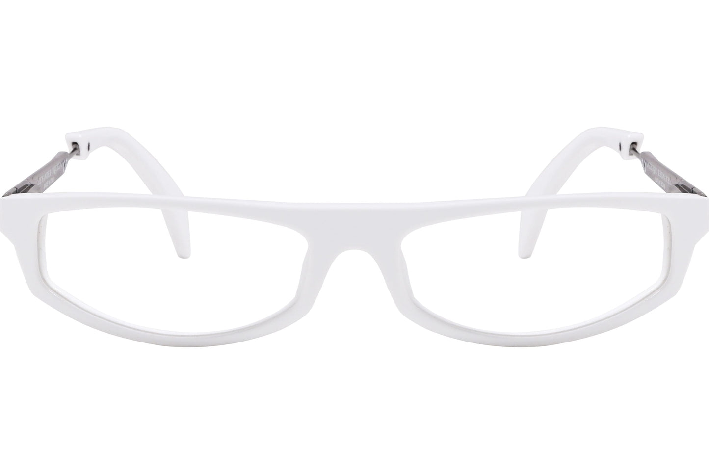 alexander-mcqueen geometric white eyeglasses frame viewed from front angle.