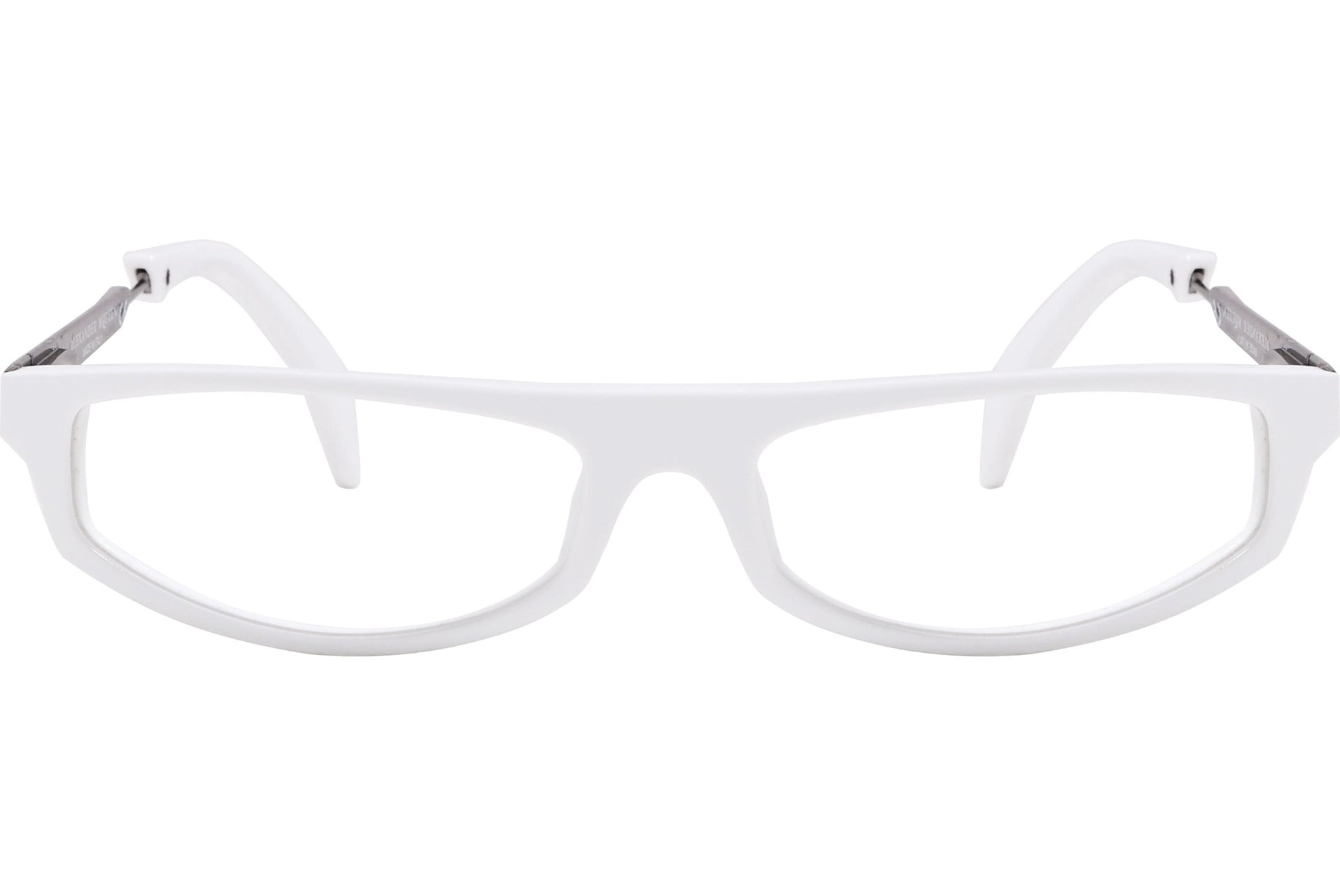 alexander-mcqueen geometric white eyeglasses frame viewed from front angle.