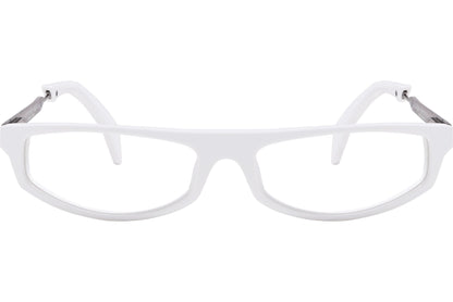 alexander-mcqueen geometric white eyeglasses frame viewed from front angle.