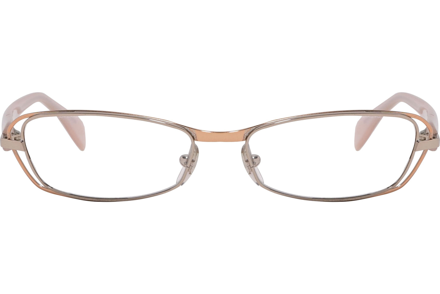 alexander-mcqueen rectangle pink eyeglasses frame viewed from front angle.