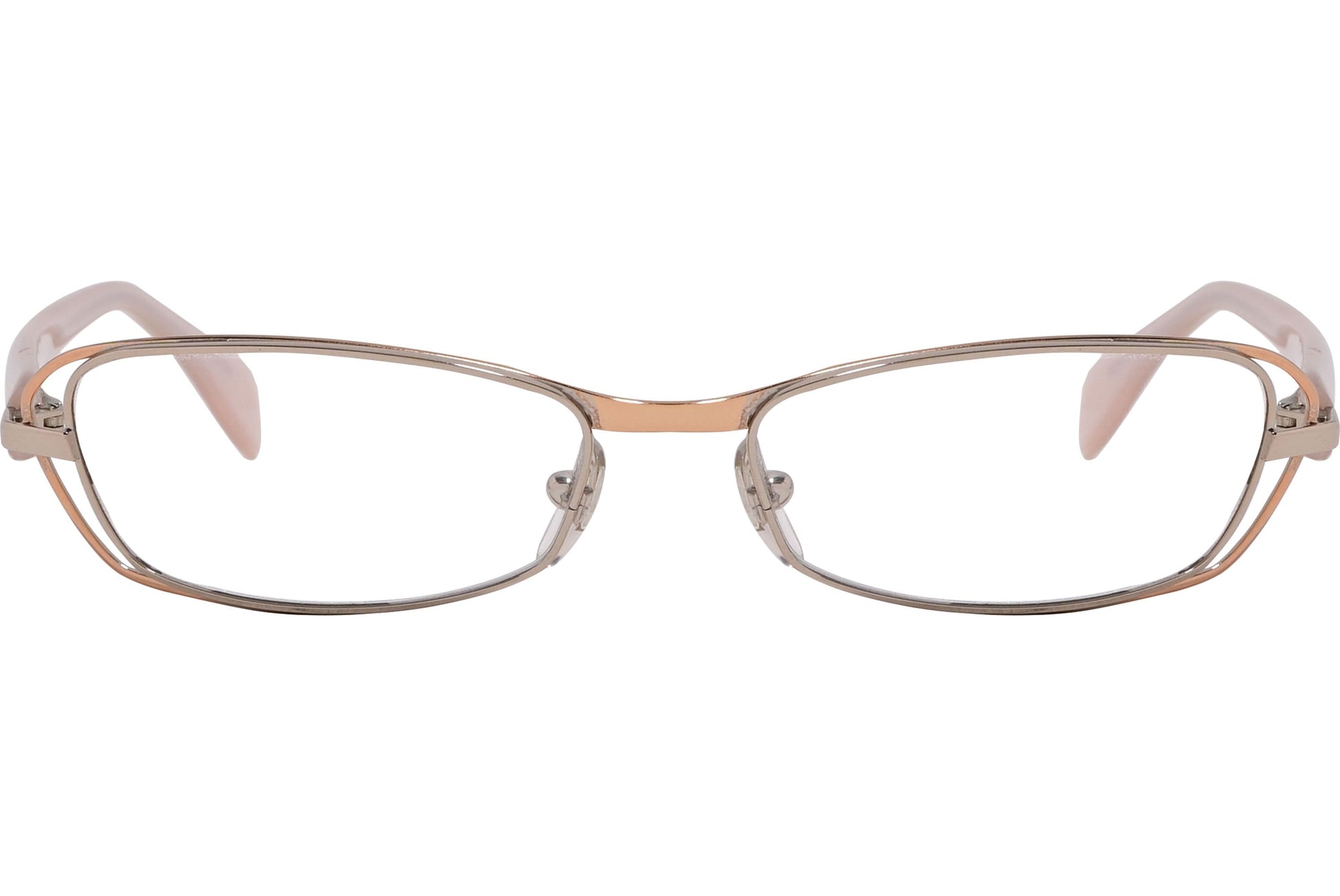 alexander-mcqueen rectangle pink eyeglasses frame viewed from front angle.