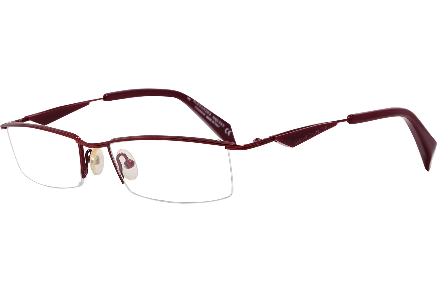 alexander-mcqueen rectangle red eyeglasses frame viewed from a 45-degree angle.