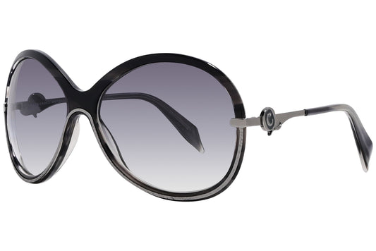 alexander-mcqueen wrap around black with silver eyeglasses frame viewed from a 45-degree angle.