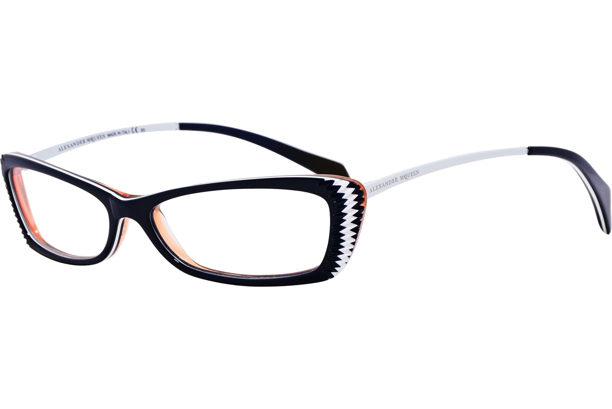 alexander-mcqueen rectangle black eyeglasses frame viewed from a 45-degree angle.