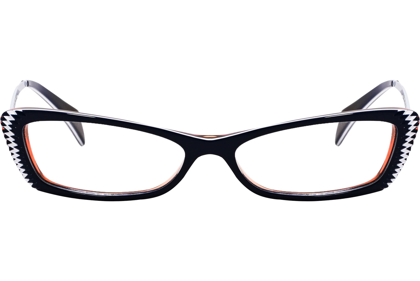 alexander-mcqueen rectangle black eyeglasses frame viewed from front angle.