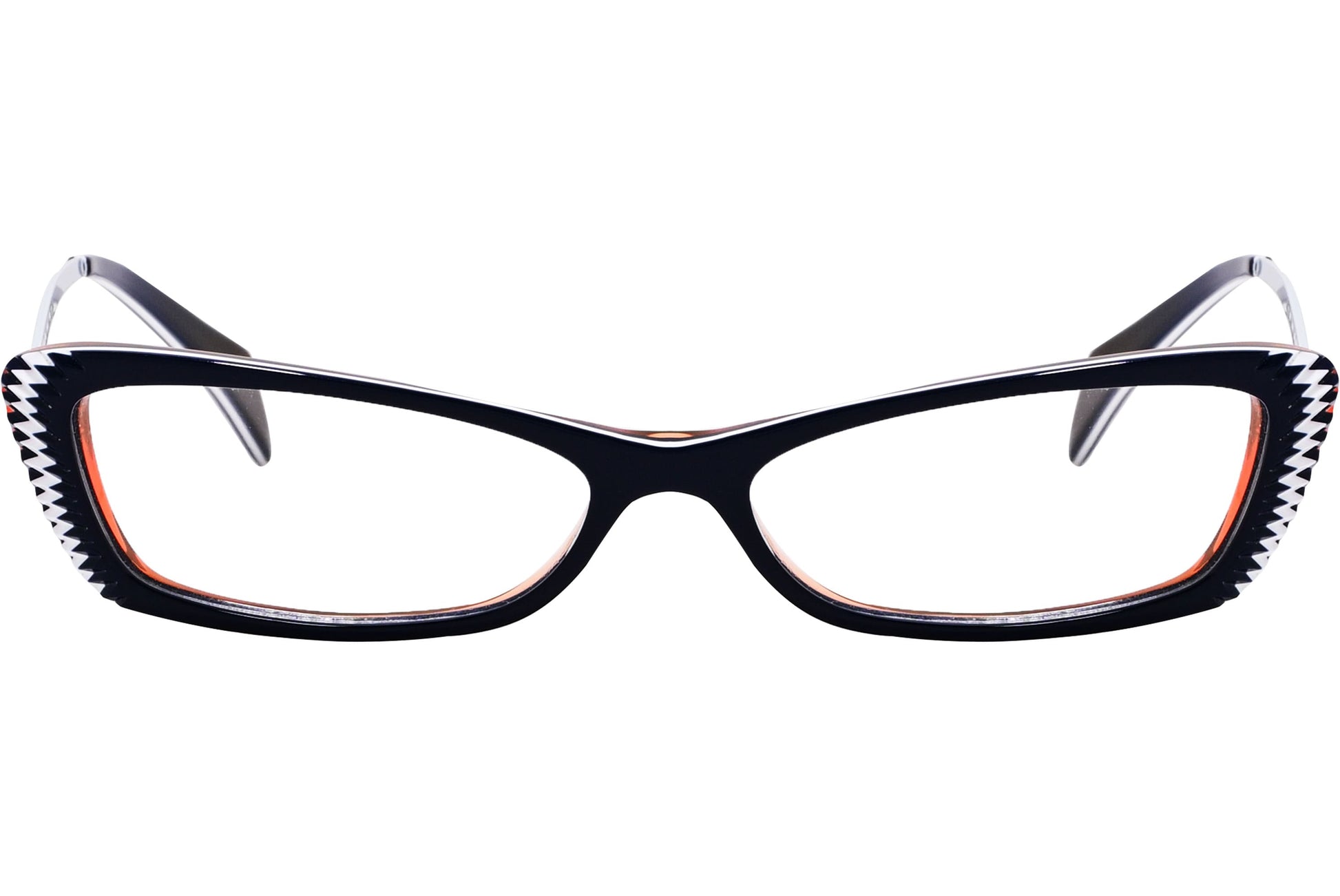 alexander-mcqueen rectangle black eyeglasses frame viewed from front angle.