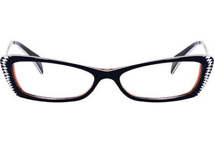 alexander-mcqueen rectangle black eyeglasses frame viewed from front angle.