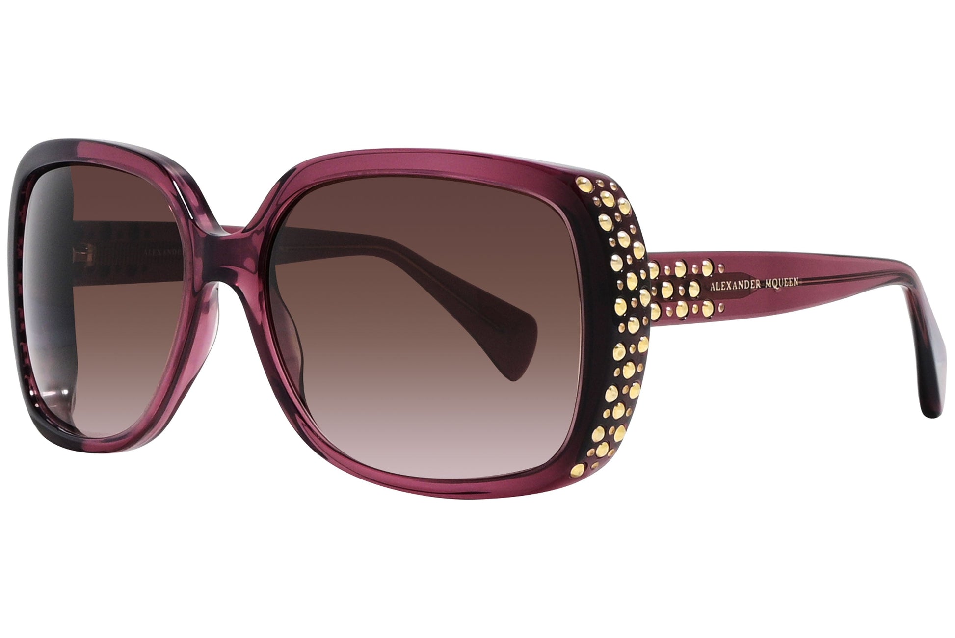 alexander-mcqueen aviator dark pink eyeglasses frame viewed from a 45-degree angle.