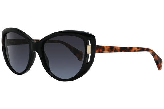 alexander-mcqueen cat eye black with tortoise eyeglasses frame viewed from a 45-degree angle.