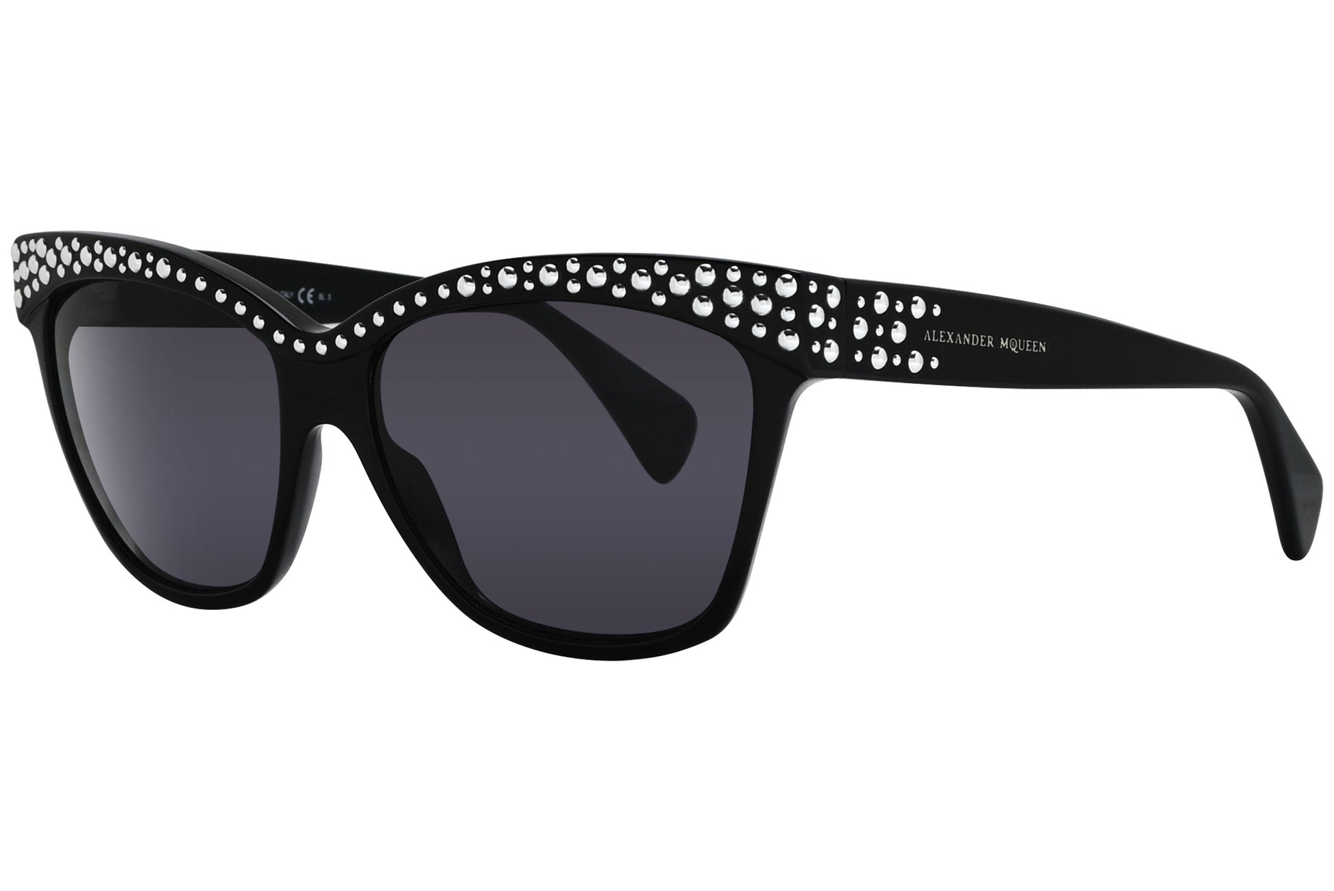 alexander-mcqueen oval black with silver eyeglasses frame viewed from a 45-degree angle.